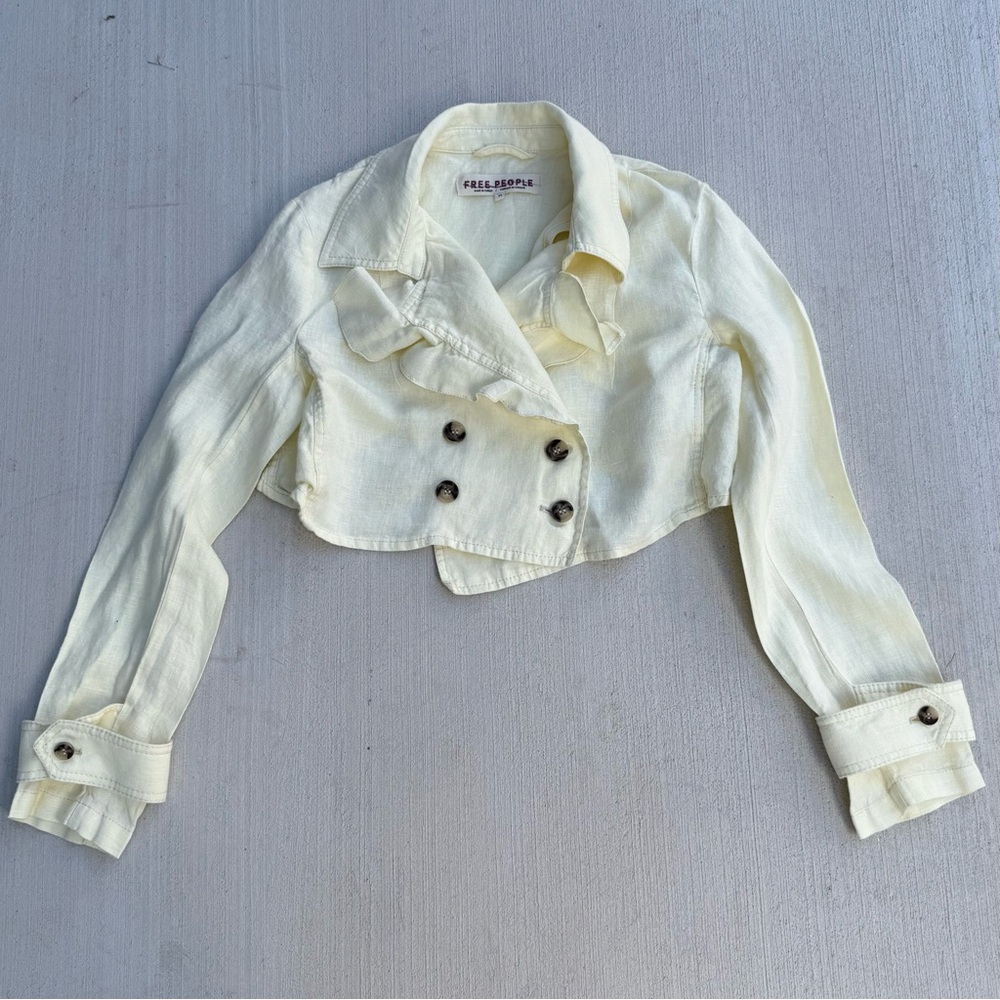 Free People Light Yellow Linen Crossover Back Cropped Blazer Womens Size XS